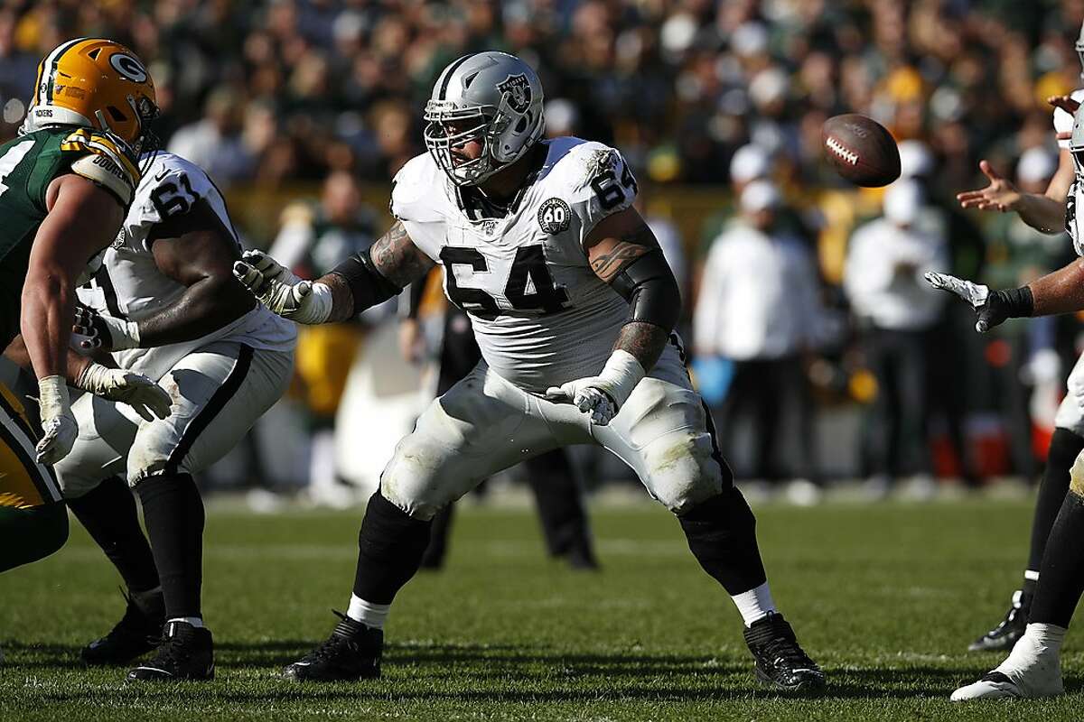 Oakland Raiders center Richie Incognito (64) sets to block against the Green Bay Packers during an NFL football game Sunday, Oct. 20, 2019, in Green Bay, Wis. The Packers won the game 42-24. (Jeff Haynes/AP Images for Panini)