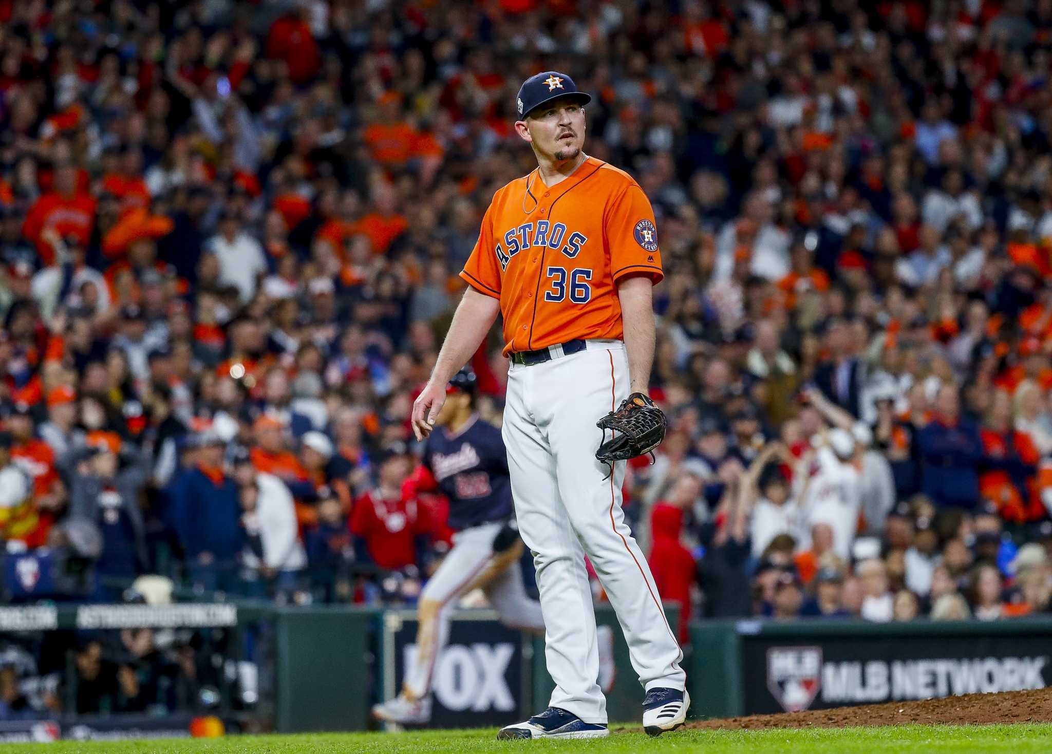 Jeff Bagwell and Craig Biggio throw out the ceremonial first pitches before  Game 7 of the baseball World Series between the Houston Astros and the  Washington Nationals Wednesday, Oct. 30, 2019, in