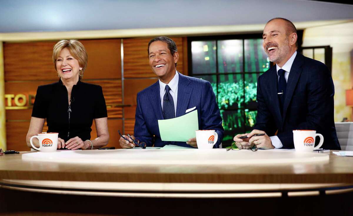 This image released by NBC shows, from left, guest hosts, Jane Pauley, and Bryant Gumbel with host Matt Lauer on NBC News' "Today" show, Monday, Dec. 30, 2013 in New York. Gumbel and Pauley, who worked together on aTodaya from 1982 to 1989, joined Matt Lauer to co-host on Monday, filling in for Savannah Guthrie and Natalie Morales who were off. (AP Photo/NBC, Peter Kramer) ORG XMIT: NYET122