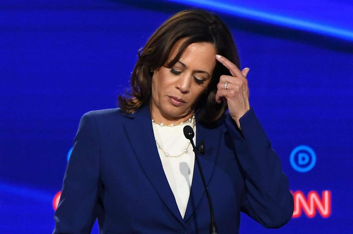 FILE - Democratic presidential hopeful California Senator Kamala Harris gestures during the fourth Democratic primary debate of the 2020 presidential campaign season co-hosted by The New York Times and CNN at Otterbein University in Westerville, Ohio on October 15, 2019. Some of Harris's campaign aides are reportedly complaining of internal strife within the group.
