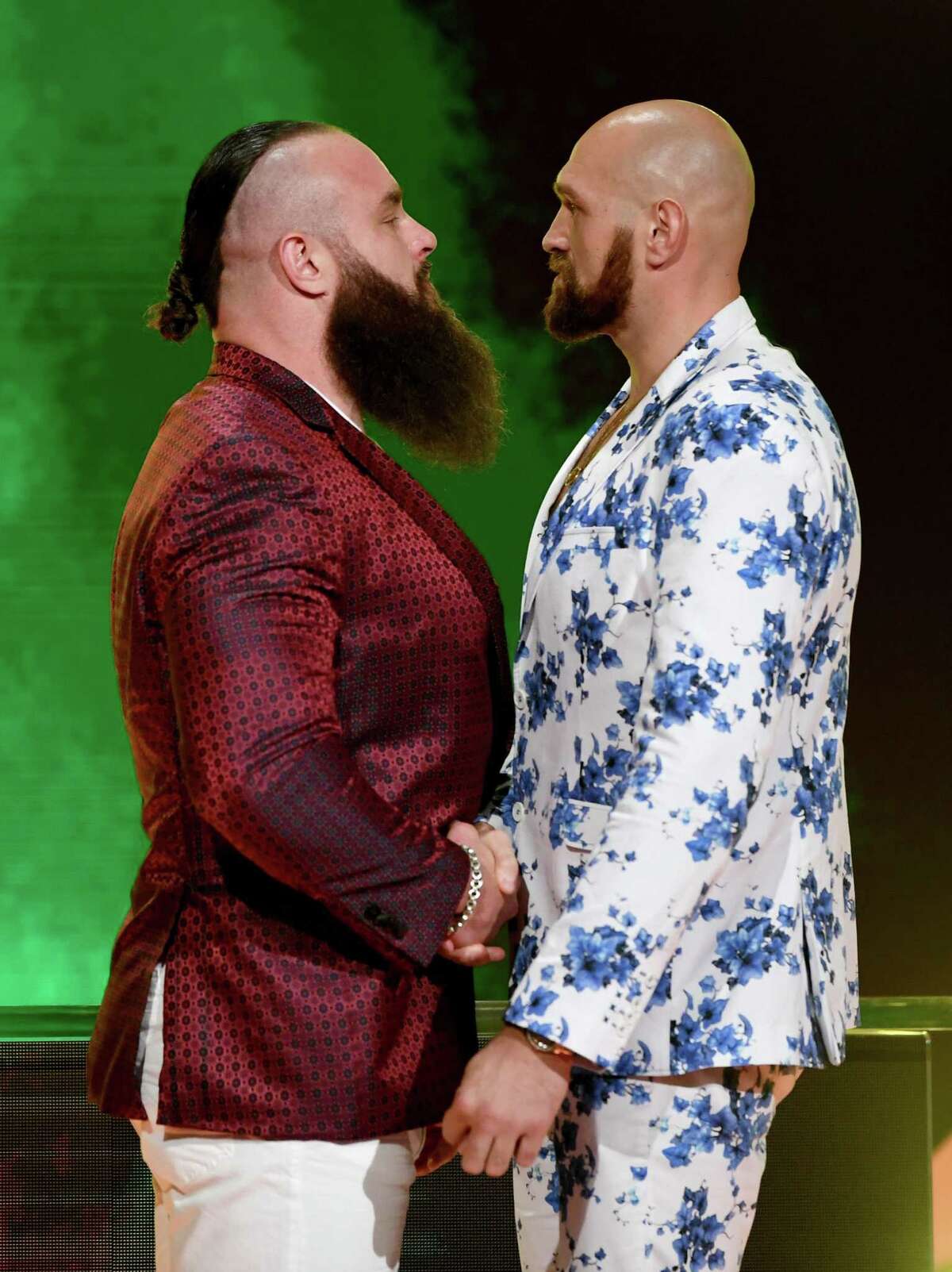 WWE Superstar Braun Strowman, left, and lineal heavyweight boxing champion Tyson Fury face off during the announcement of their match at a WWE news conference at T-Mobile Arena on Oct. 11, 2019 in Las Vegas, Nev. Strowman will face Fury and WWE champion Brock Lesnar will take on former UFC heavyweight champion Cain Velasquez at the WWE's Crown Jewel event at Fahd International Stadium in Riyadh, Saudi Arabia on Oct. 31, 2019.
