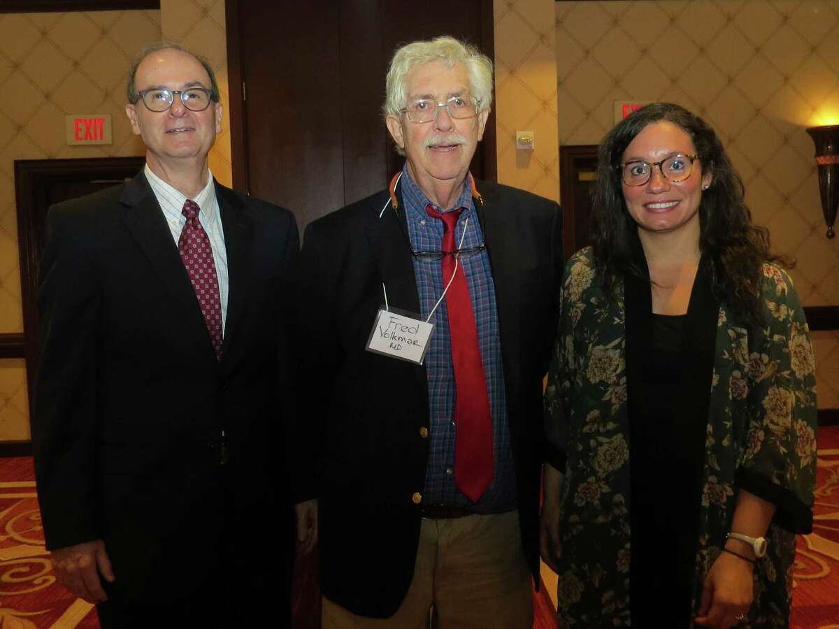 (from left to right) Dr. Harris Jacobs, lecture moderator and Bridgeport Hospital chair of pediatrics; and both from the Yale School of Medicine, speaker Dr. Fred Volkmar, author of the Encyclopedia of Autism and editor-in-chief, Journal of Autism and Developmental Disorders, and Kelly Powell, co-director, Toddler Developmental Disabilities Program.