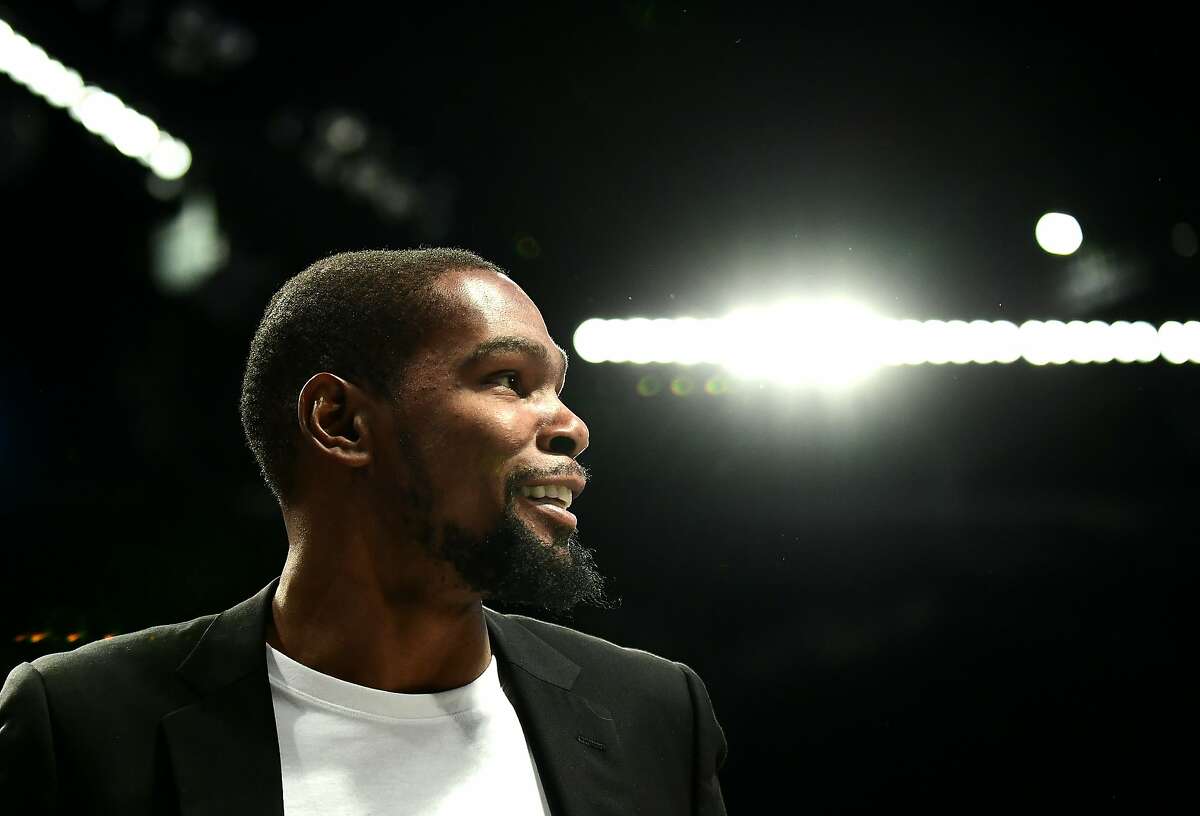 NEW YORK, NEW YORK - OCTOBER 23: Kevin Durant #7 of the Brooklyn Nets reacts during the second half of their game against the Minnesota Timberwolves at Barclays Center on October 23, 2019 in the Brooklyn borough of New York City. NOTE TO USER: User expressly acknowledges and agrees that, by downloading and or using this photograph, User is consenting to the terms and conditions of the Getty Images License Agreement. (Photo by Emilee Chinn/Getty Images)