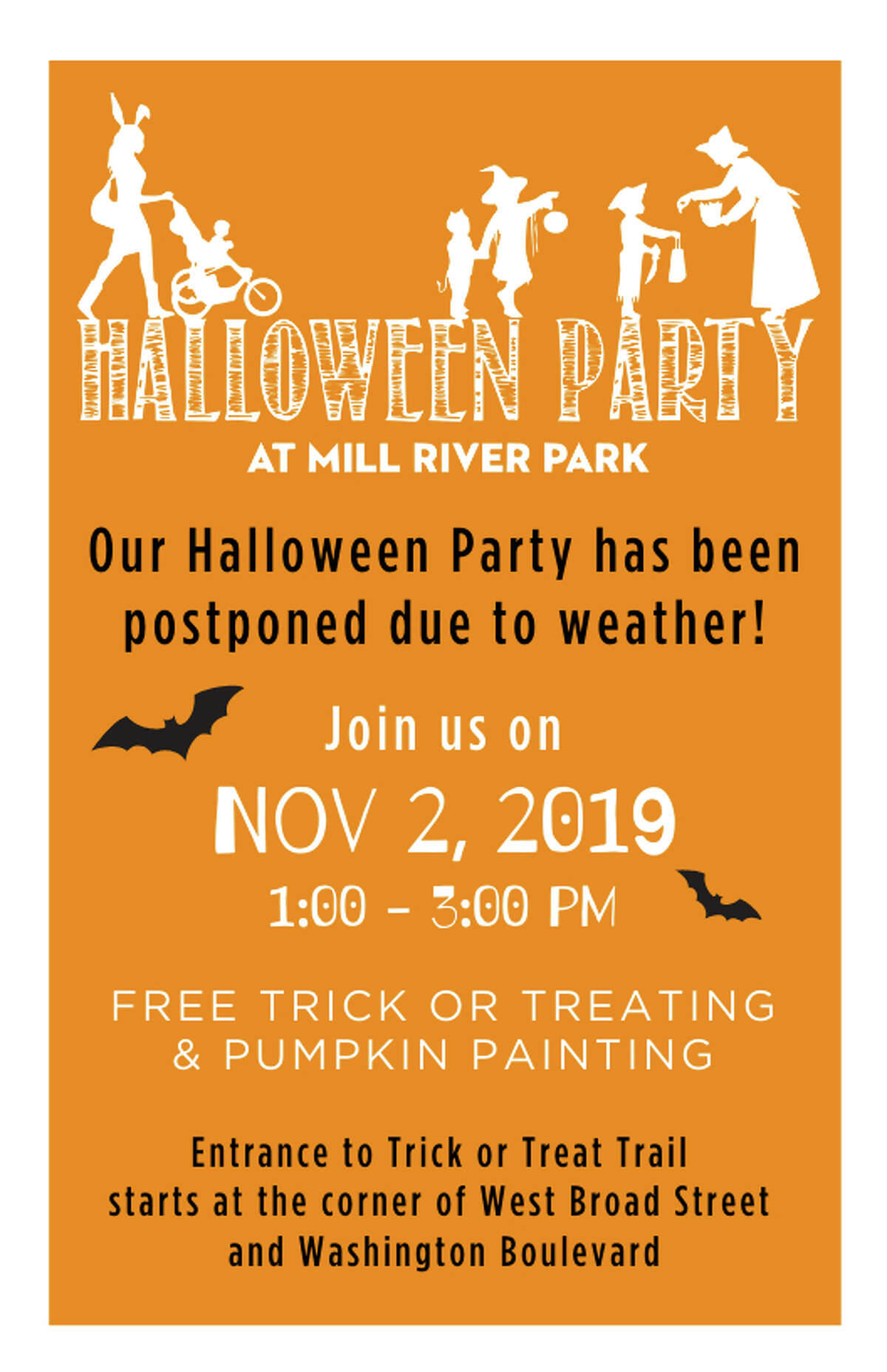 Rain has pushed the family Halloween Party at Mill River Park to Saturday.
