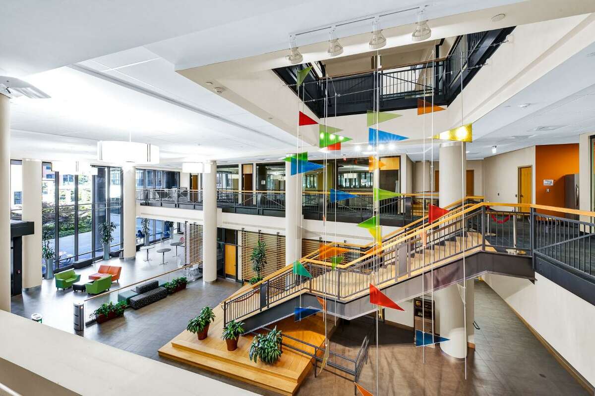An interior view of the lobby at Winchester Works. The New Haven building, the former headquarters of Higher One, is undergoing a $25 million renovation in an effort to attract life sciences companies as tenants.