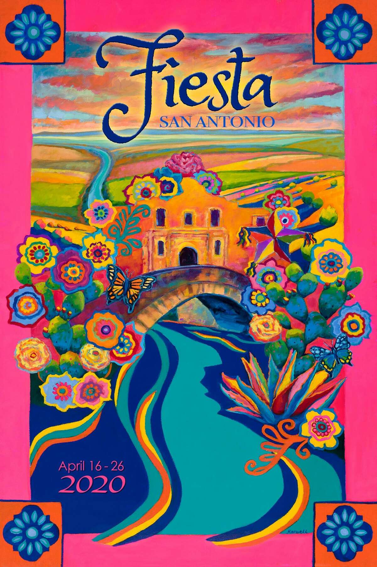 2020 Fiesta posterThe 2020 Fiesta poster by Caroline Carrington depicts the Alamo and Riverwalk with a Texas Hill Country-like landscape encased by talavera tiles and colorful flowers. Read more here. 