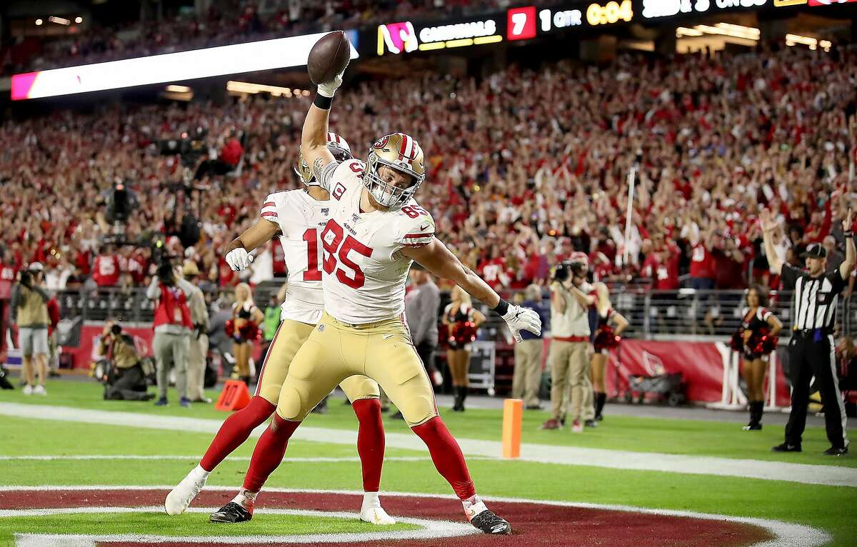 GLENDALE, ARIZONA - OCTOBER 31: Tight end George Kittle #85 of the San Francisco 49ers celebrates his touchdown in the first quarter over the Arizona Cardinals at State Farm Stadium on October 31, 2019 in Glendale, Arizona. (Photo by Christian Petersen/Getty Images)