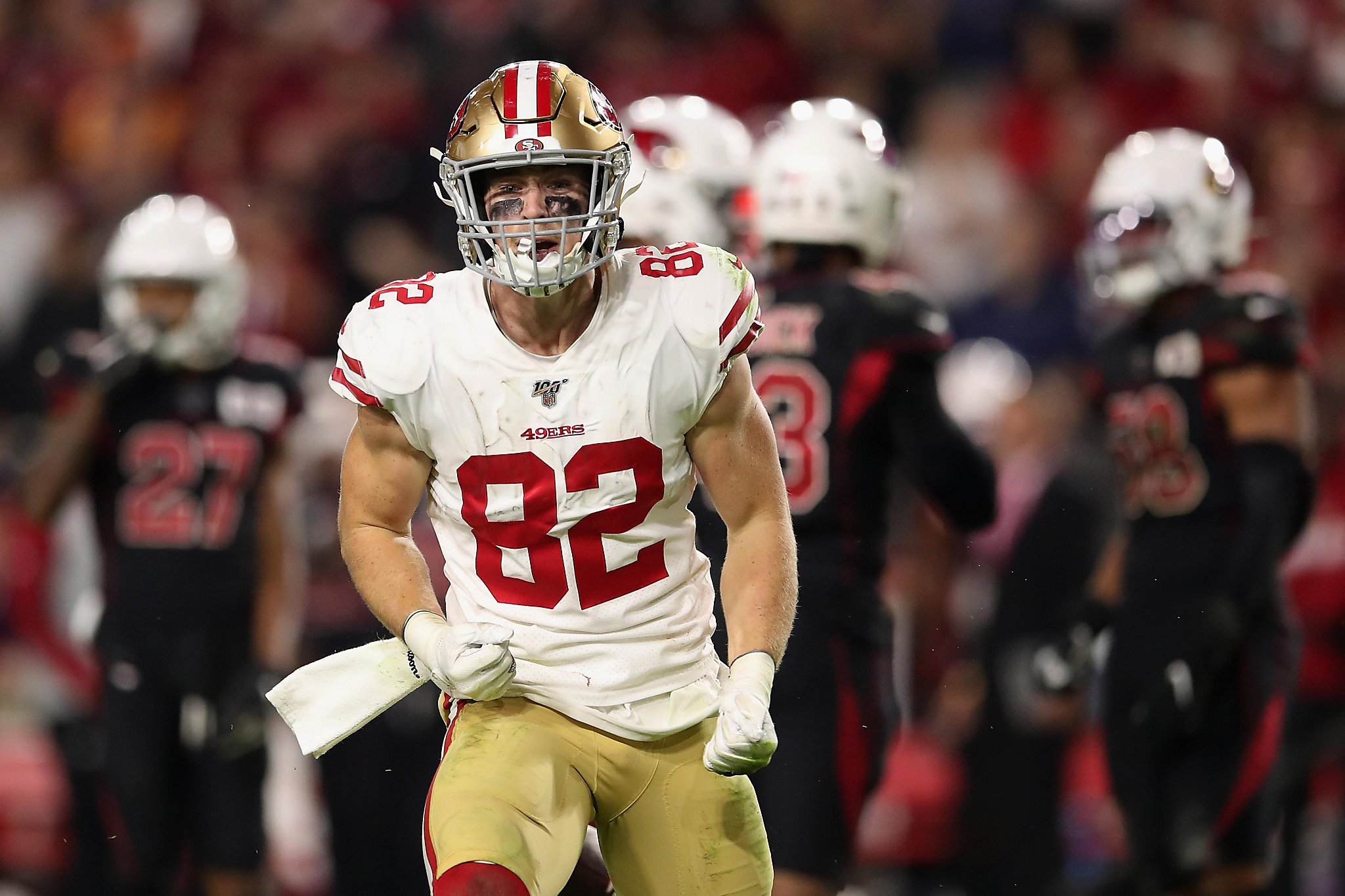 San Francisco 49ers tight end Ross Dwelley (82) during the first