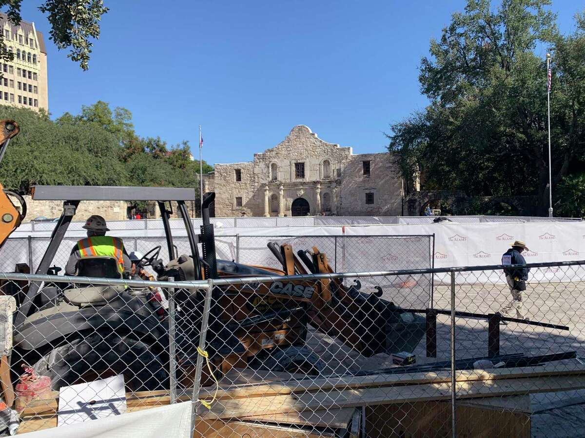 Construction equipment rests in Alamo Plaza earlier this year. A reader is concerned changes to the plaza will rob San Antonio of its charm and historical identity.
