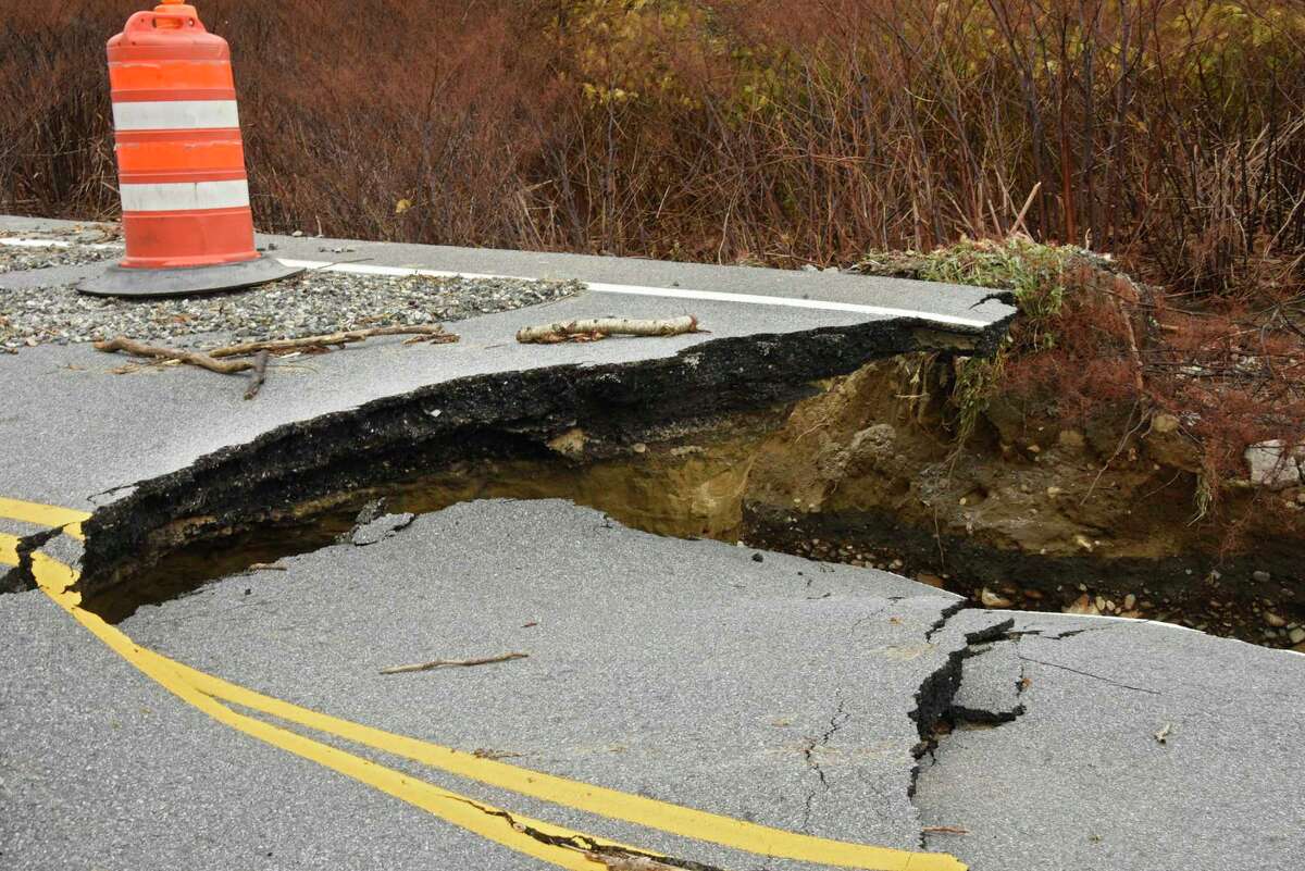 Part of Lake Desolation Road near Kilmer Rd is closed due to part of the road being washed out on Friday, Nov. 1, 2019 in Middle Grove, N.Y. (Lori Van Buren/Times Union)