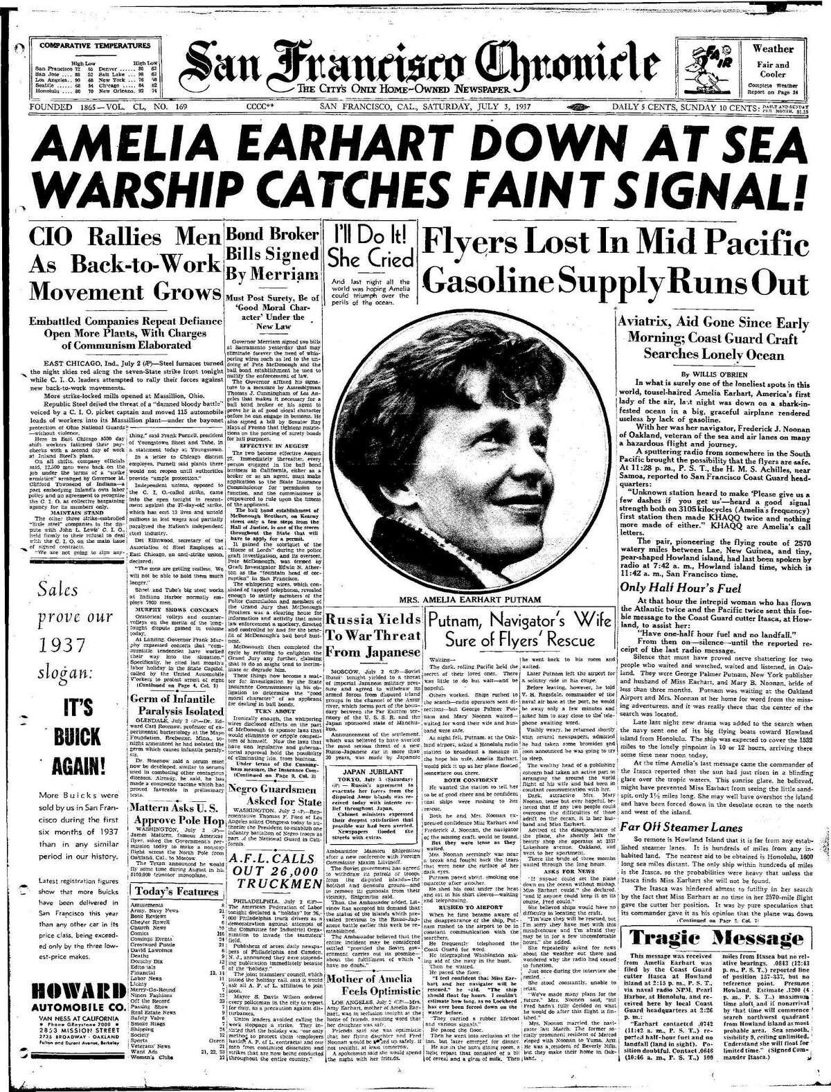 Historic Chronicle Front Page July 03, 1937 front page Amelia Earhart goes missing Chron365, Chroncover