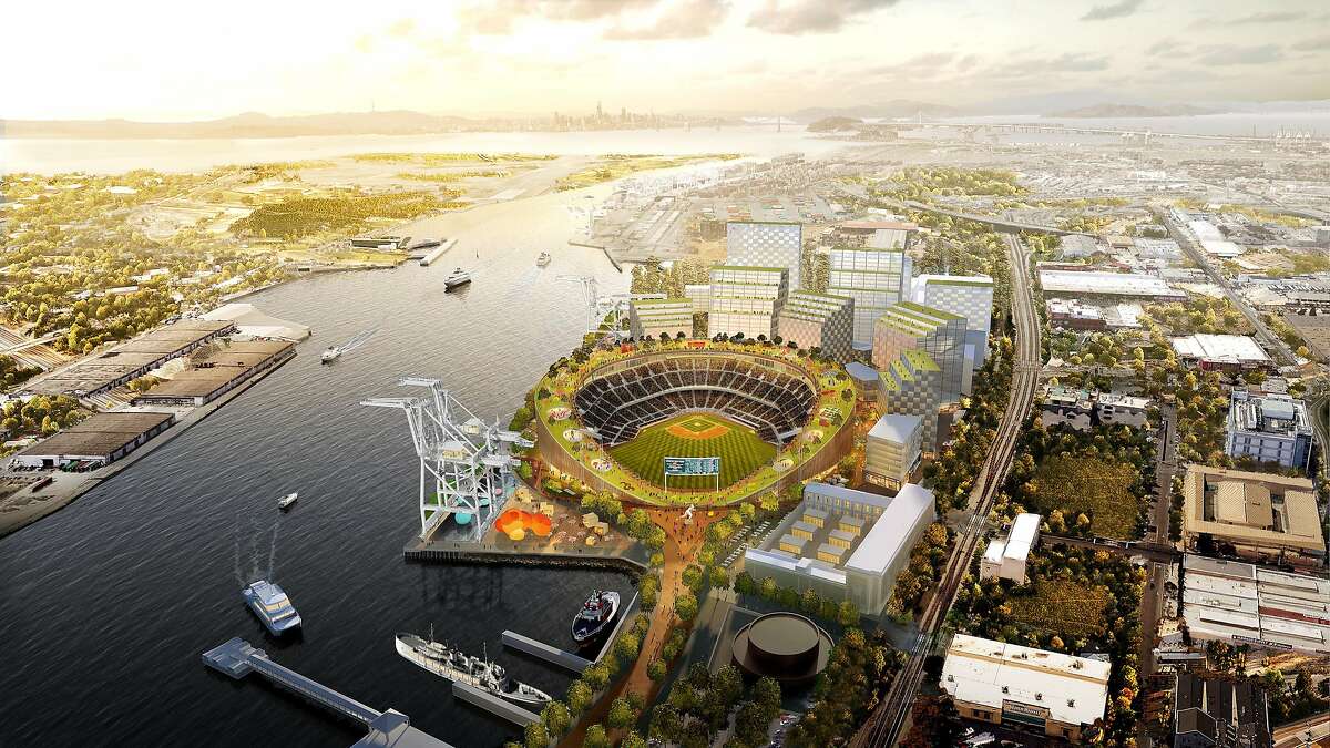 Illustration of proposed new Oakland A's ballpark at Howard Terminal featuring a rooftop park.
