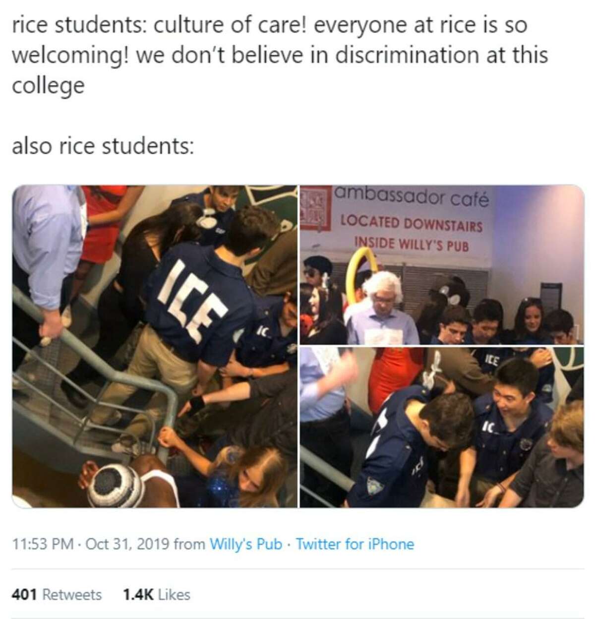 Three Rice University students who dressed up as U.S. Immigration and Customs Enforcement officers at a Halloween event on campus have sparked outrage at the university after their photos surfaced on social media.