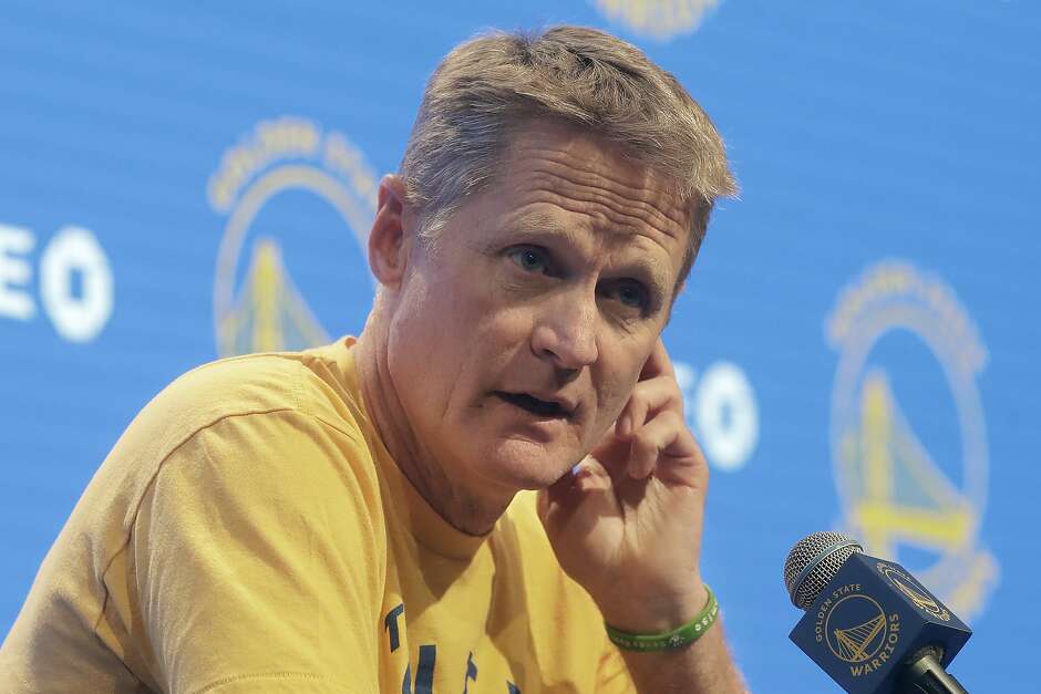 Golden State Warriors coach Steve Kerr speaks at a news conference before the team's NBA basketball game against the San Antonio Spurs in San Francisco, Friday, Nov. 1, 2019. (AP Photo/Jeff Chiu)