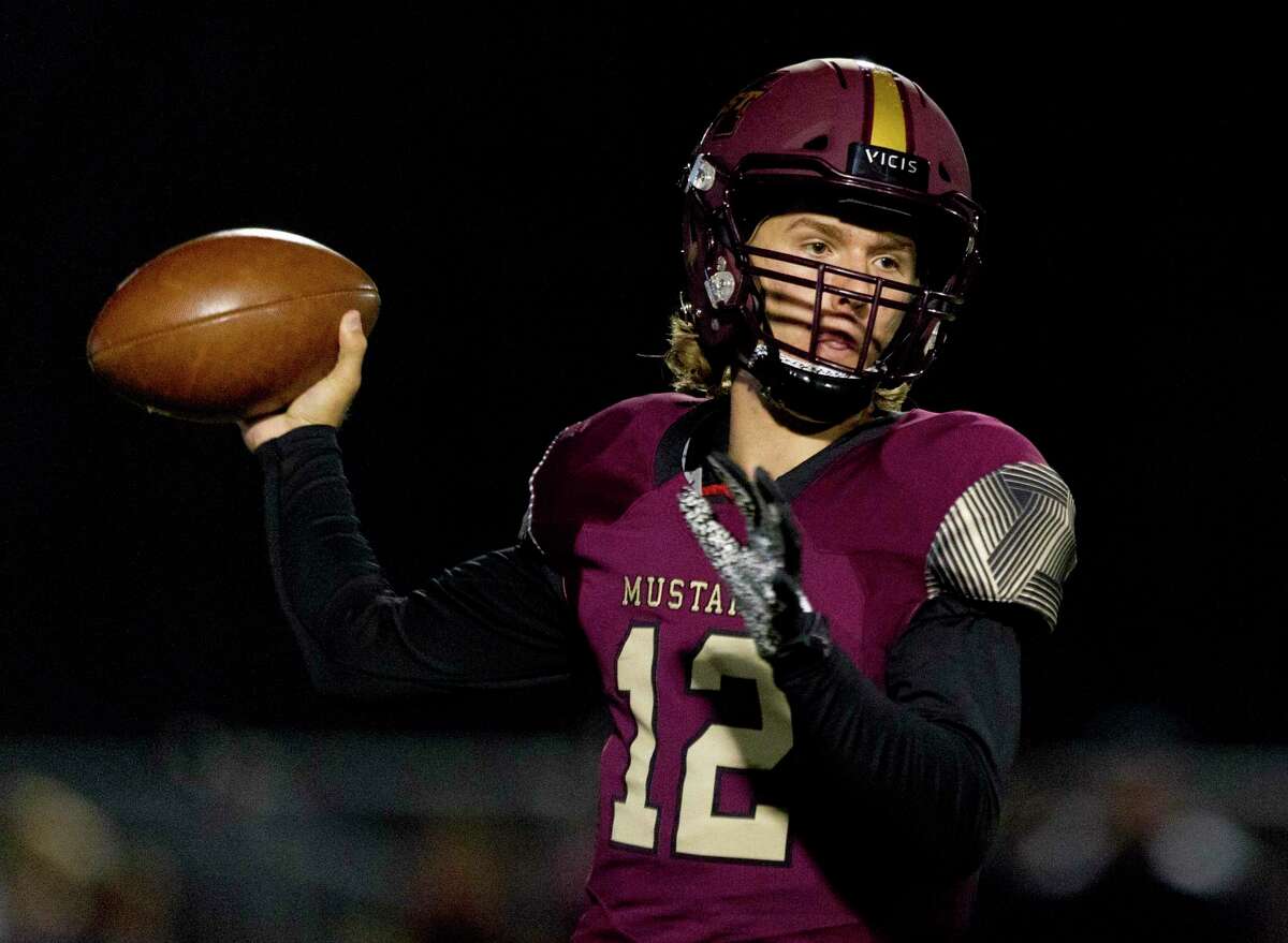 Magnolia West quarterback Brock Dalton (12) throws a pass during the third quarter of a District 8-5A high school football game at Magnolia West High School, Friday, Nov. 1, 2019, in Magnolia.