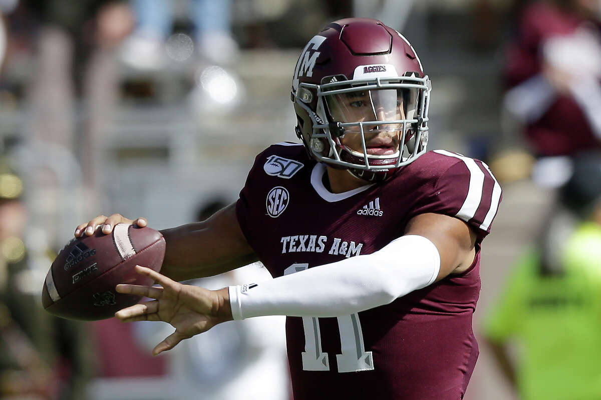 Texas A&M quarterback Kellen Mond (11) looks to pass down field against UTSA during the first half of an NCAA college football game, Saturday, Nov. 2, 2019, in College Station, Texas. (AP Photo/Sam Craft)