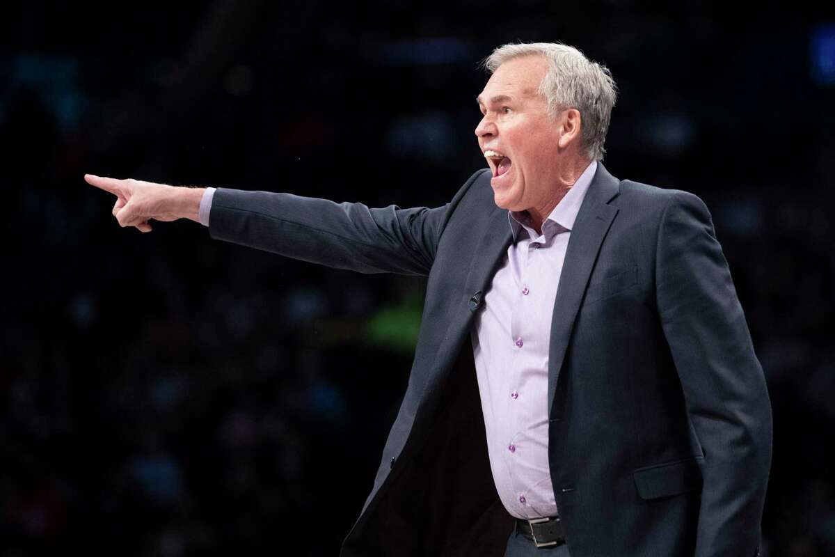 Houston Rockets coach Mike D’Antoni reacts during the first half of the team’s NBA game against the Brooklyn Nets, Friday, Nov. 1, 2019, in New York.