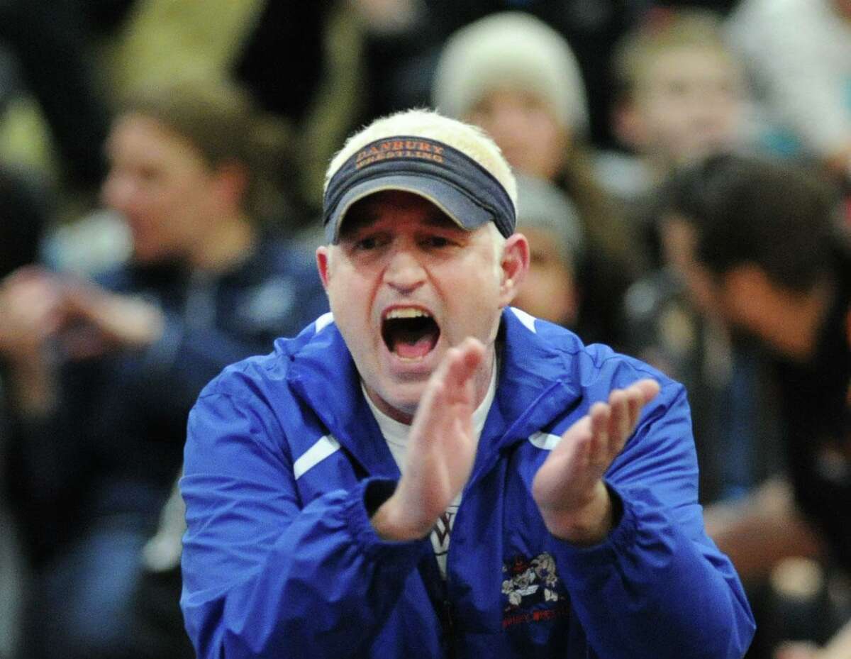 Danbury wrestling coach Ricky Shook during the FCIAC championships in 2016.