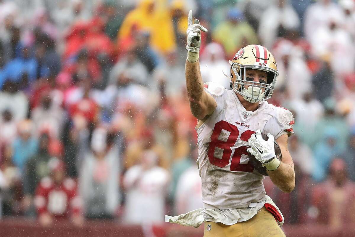 San Francisco 49ers tight end Ross Dwelley (82) during the first