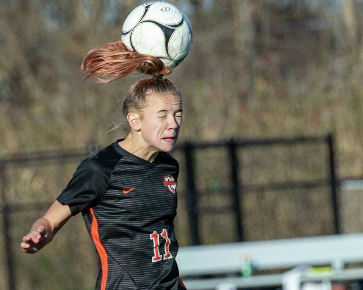 Bethlehem midfielder Claire Hutton gets a head on the ball during the Section II, Class AA finals against Niskayuna at Mechanicville High School on Saturday, Nov. 1, 2019 (Jim Franco/Special to the Times Union.)