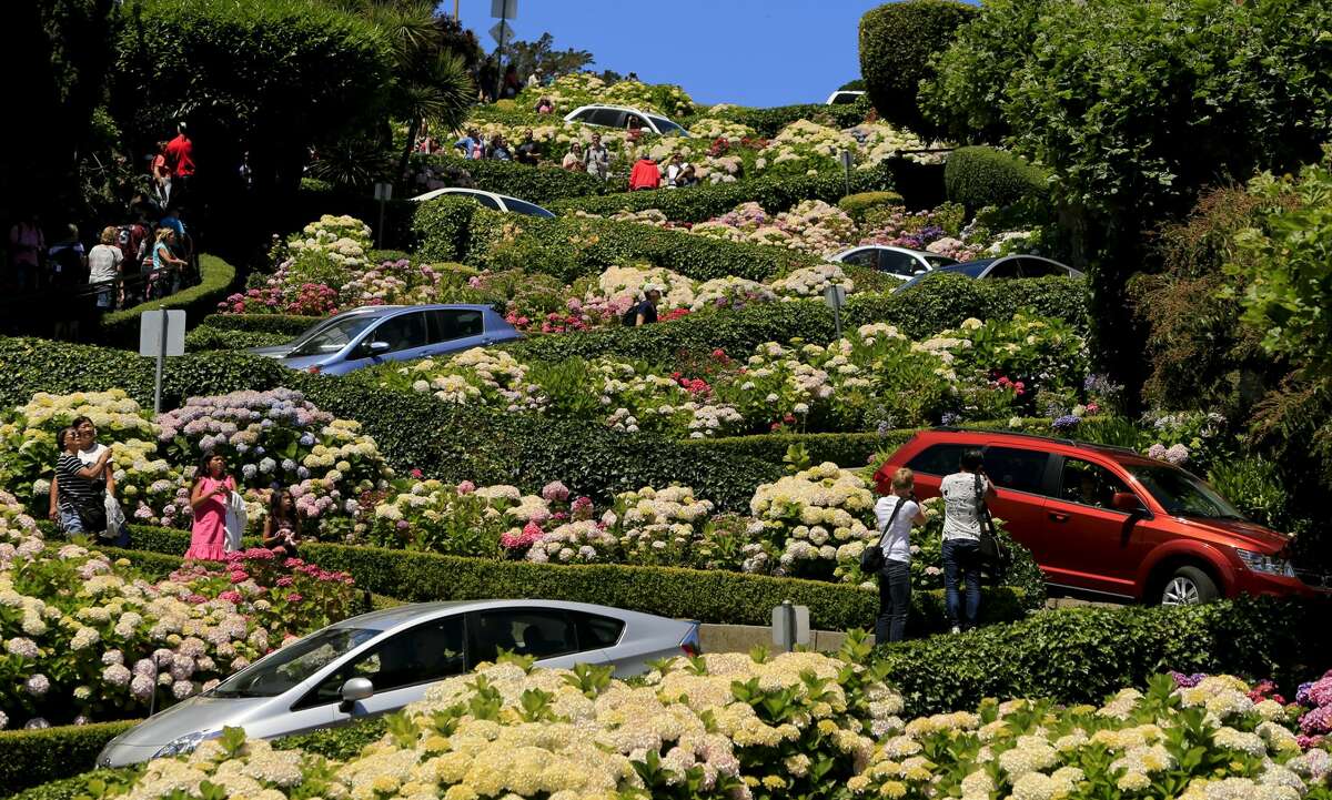 Cars zig-zag down Lombard Street in San Francisco past perfectly landscaped bushes and shrubbery on June 20, 2013.