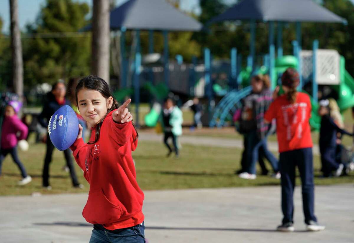 Suri Mendoza, 10, a fifth grader at Parker Elementary School, 10626 Atwell Dr., participates in PE class Friday, Nov. 1, 2019, in Houston. Out of the school's 912 students, 66 have medically diagnosed asthma, according to school nurse Myrna Sonia Garcia. On days when ground-level ozone is high or unhealthy, Houston Independent School District schools are instructed to limit prolonged exercise for all children.