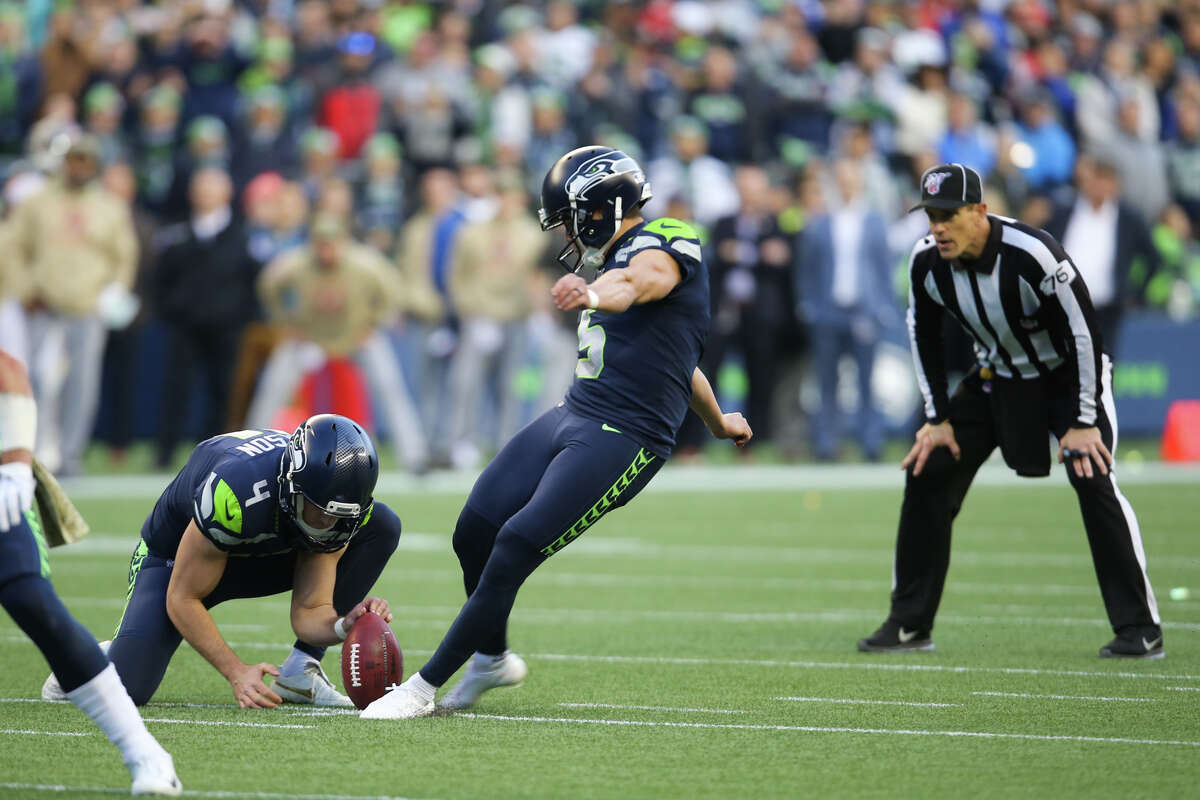 Seattle Seahawks kicker Jason Myers (5) misses a final field goal attempt in the final seconds of the fourth quarter of Seattle's game against Tampa Bay, Sunday, Nov. 3, 2019 at CenturyLink Field. Myers missed two field goals and a PAT during the game.