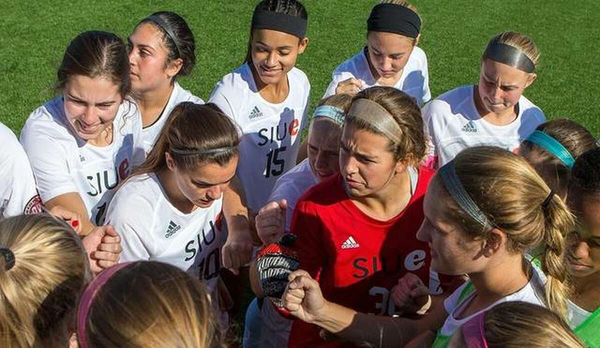 The SIUE women’s soccer team talks during the game.
