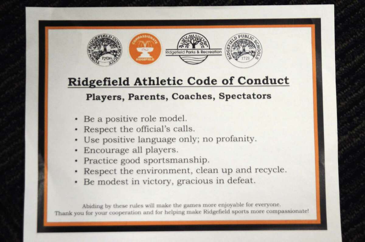 Signs setting out rules for behavior at sports fields and gyms are being proposed by the Compassionate Ridgefield alliance. The four seals at the top are for the town, schools, Parks and Recreation Department and Compassionate Ridgefield.