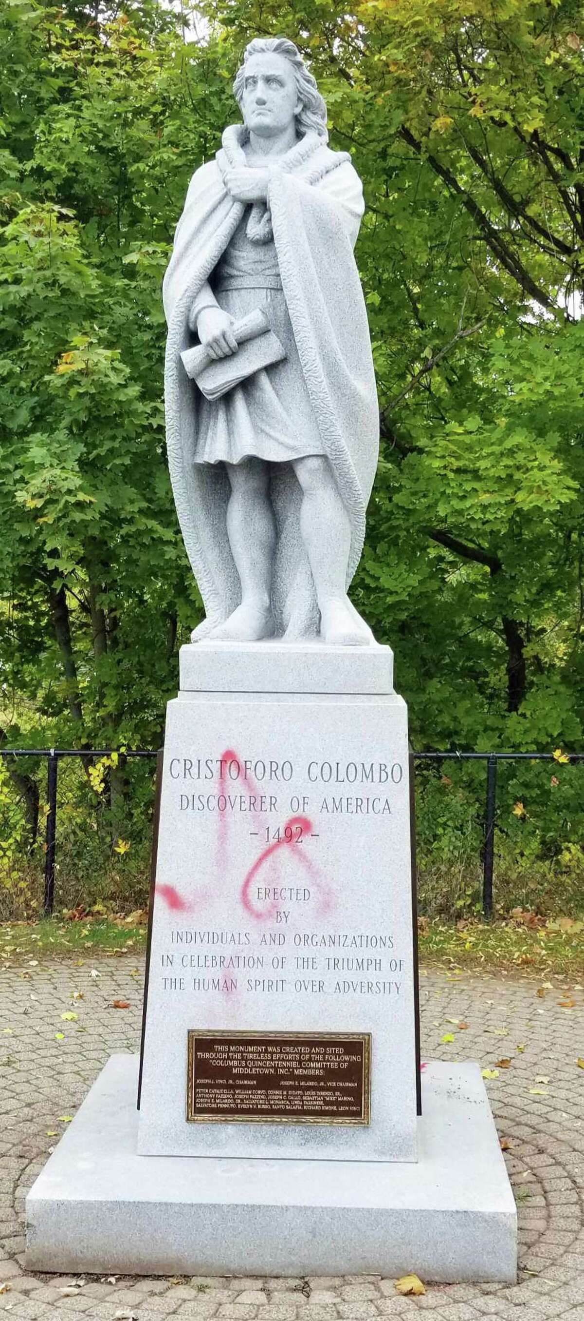 The Christopher Columbus statue at Harbor Park in Middletown was vandalized shortly after Columbus Day 2019 with red spray paint. The Columbus Quincentennial Committee of Middletown, whose members were either Italian immigrants or children of immigrants, established the monument on Columbus Day 1996. On Saturday, June 13, 2020 it was removed.