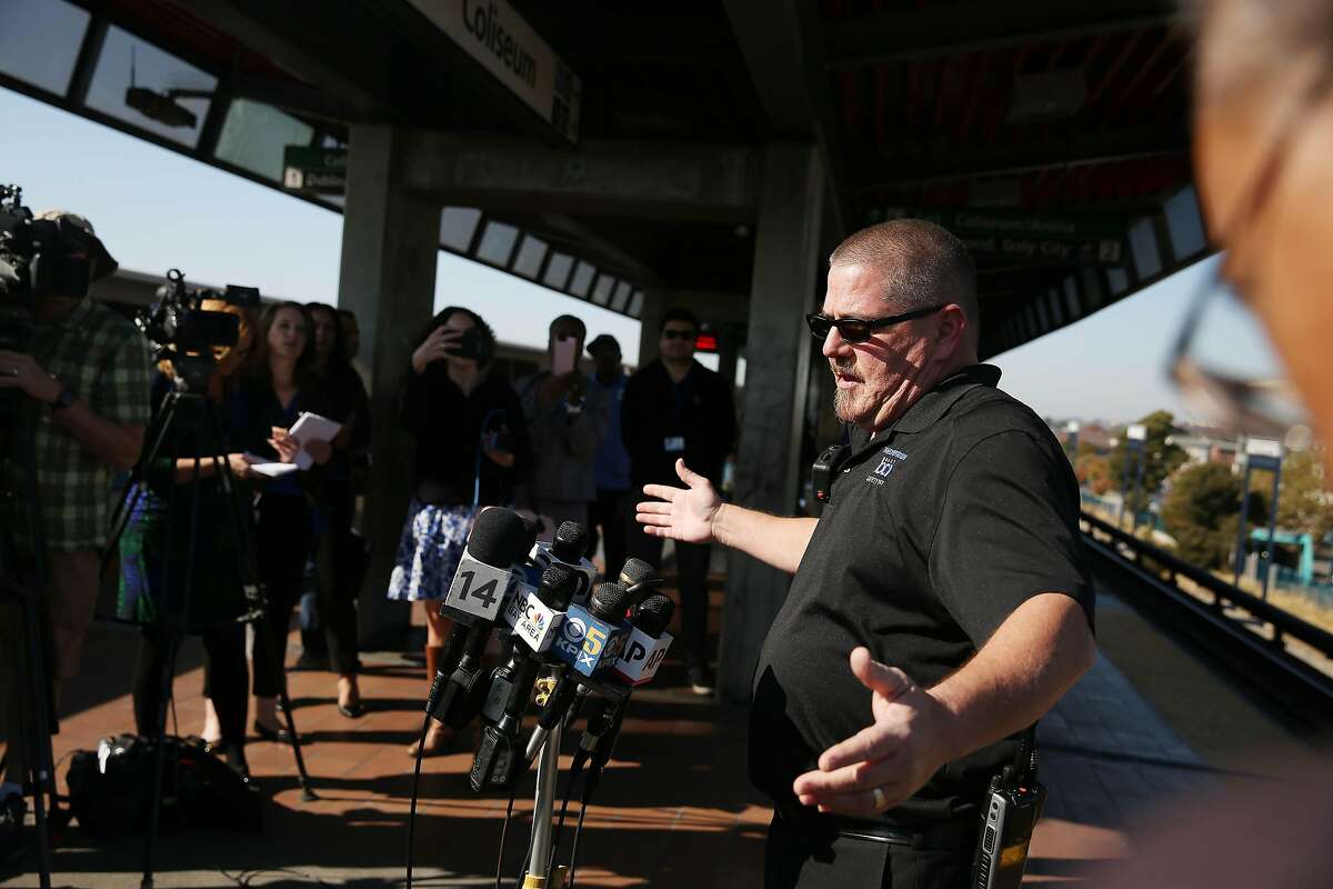 John O’Connor, BART transportation supervisor, speaks to the media at the Coliseum BART station on Monday, November 4, 2019 in Oakland, Calif. O’Connor rescued a passenger from the tracks as a train approached at the Coliseum BART station on Sunday evening.