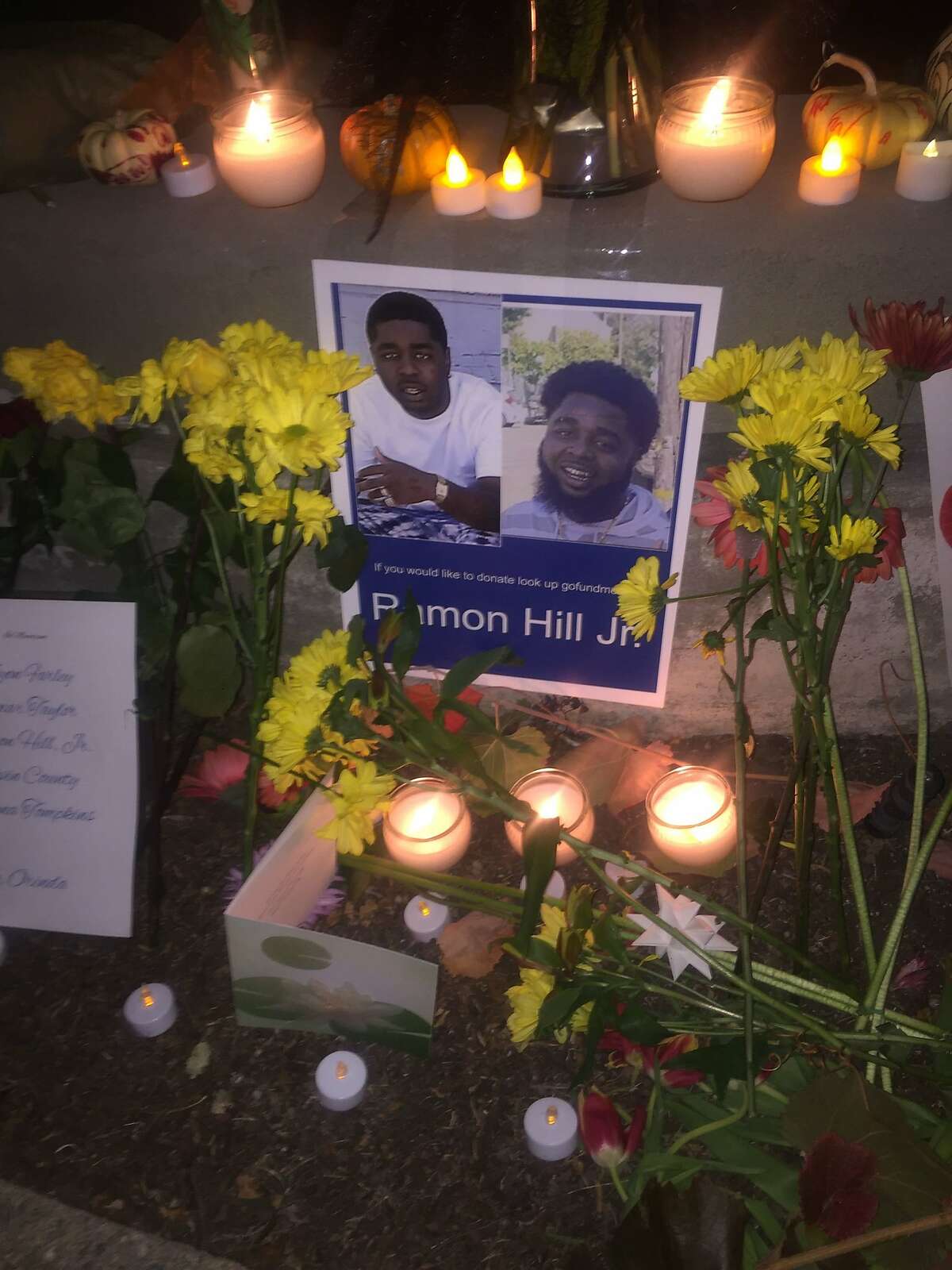 A spontaneous memorial has been placed outside the location in Orinda, Calif. where Raymon Hill Jr. was shot to death Halloween evening, while attending a party hosted in an AirBnB short-term rental home. Hill and three other people lost their lives that evening.