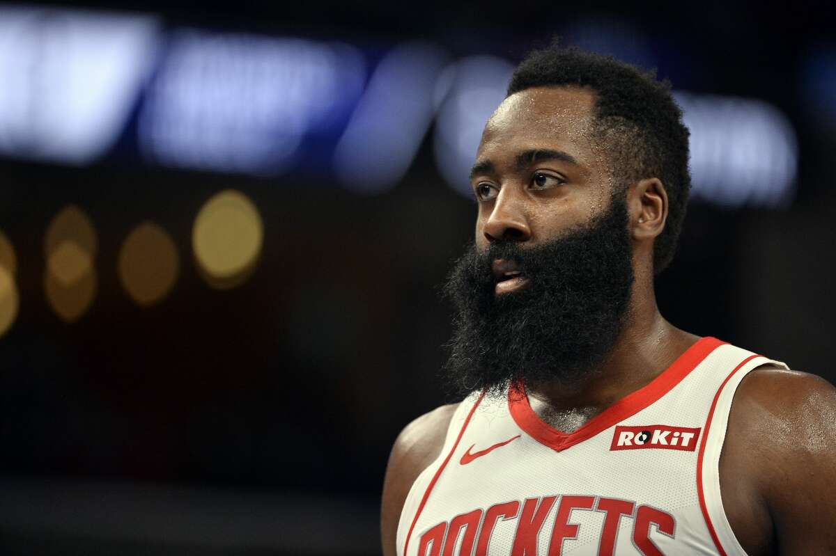 Houston Rockets guard James Harden stands on the court in the first half of an NBA basketball game against the Memphis Grizzlies Monday, Nov. 4, 2019, in Memphis, Tenn. (AP Photo/Brandon Dill)