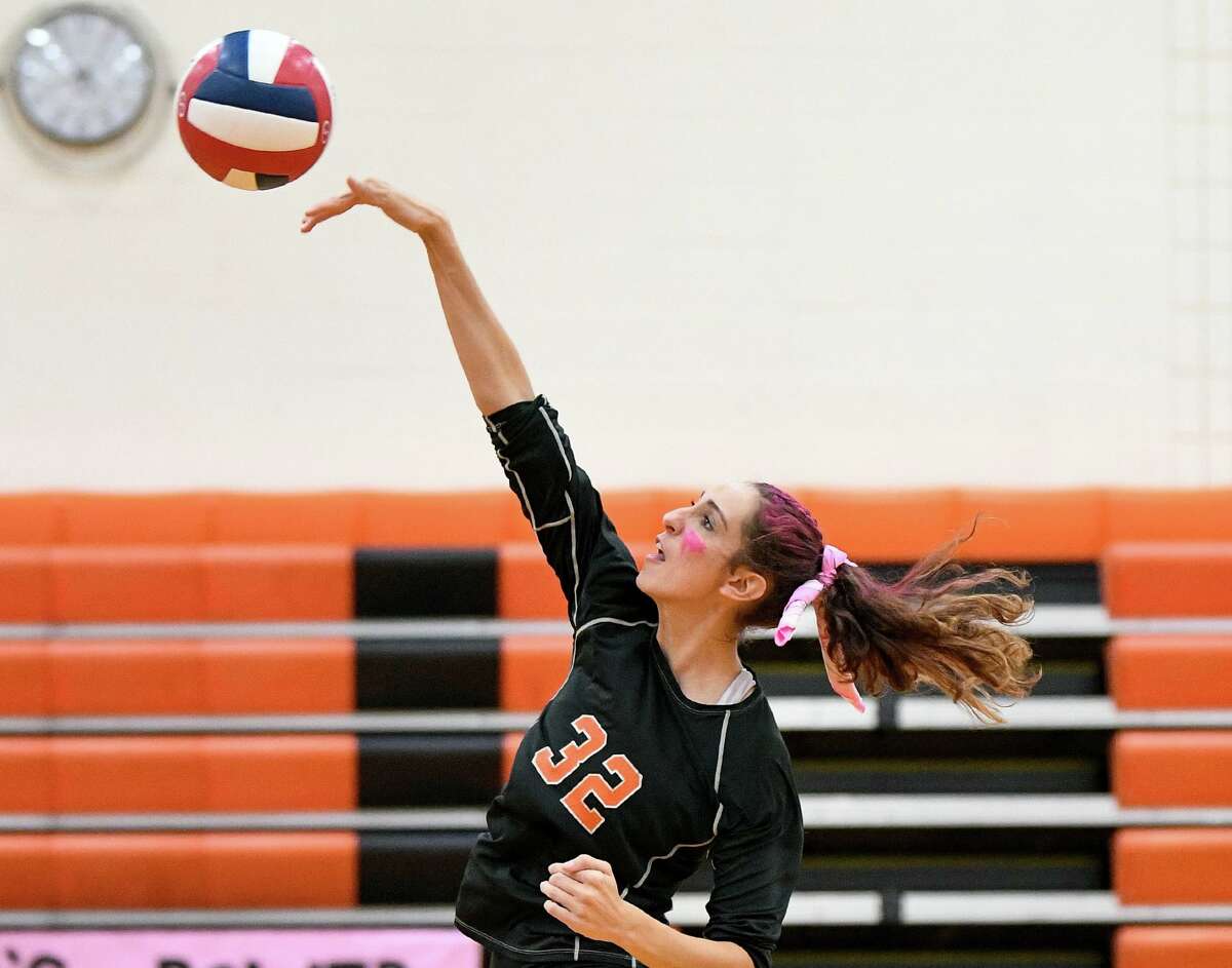 Reem Abdel-Hack was one of the top hitters for Shelton in the match with SHA. Shelton High's Reem Abdel-Hack against cheshire High school at Shelton High school, Thursday, Oct. 10, 2019