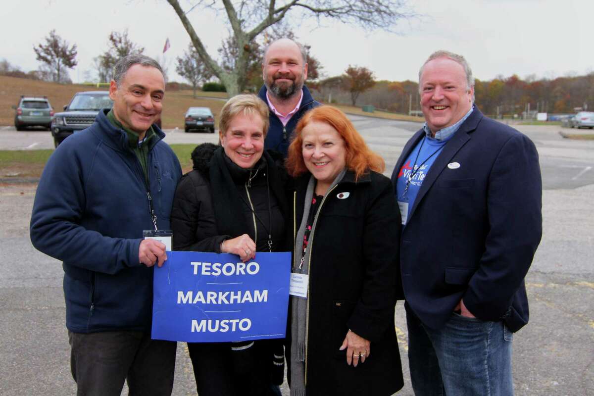 Democratic incumbents and candidates Steve Elbaum, First Selectman Vicki Tesoro, Keith Klain, in back, Lucinda Timpanelli and Kevin Shively at St. Joseph High School in Trumbull, Conn., on Tuesday Nov. 5, 2019.