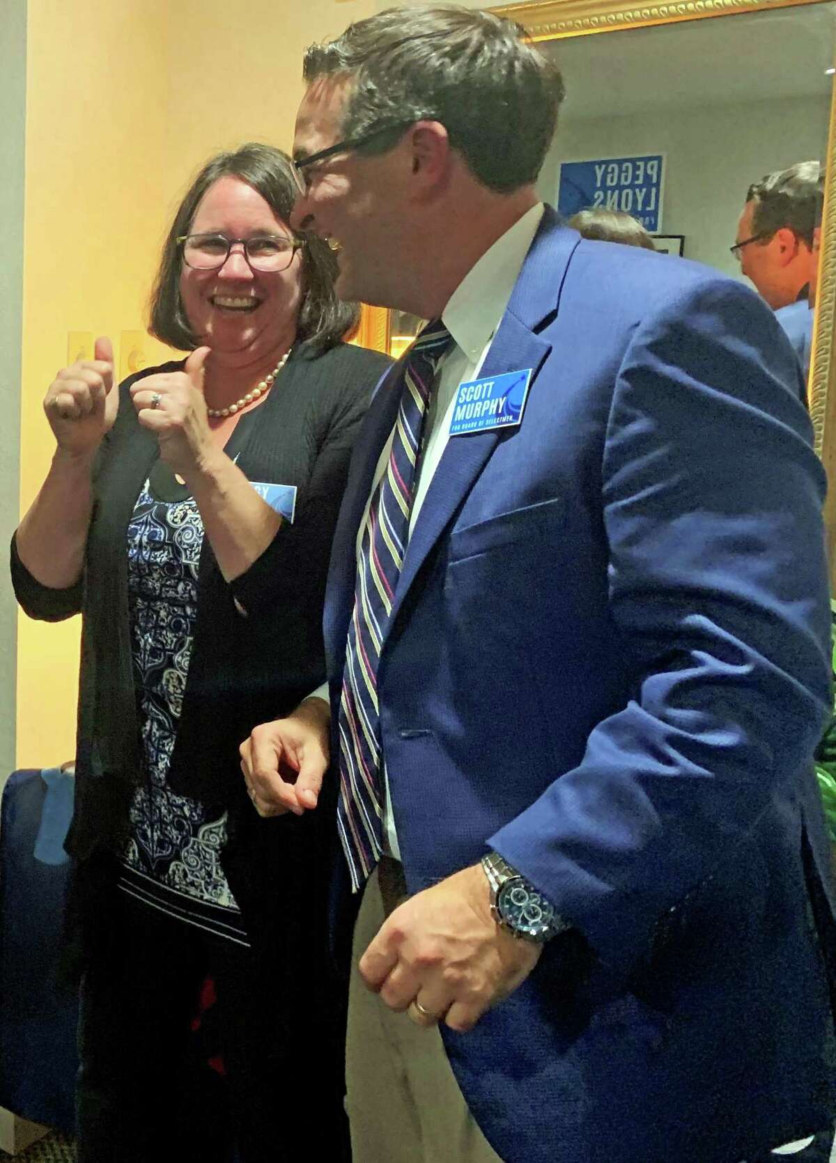 Winner of the First Selectman race in Madison Peggy Lyons, Democrat, with incumbent Democrat selectman Scott Murphy, on Nov. 5, 2019.