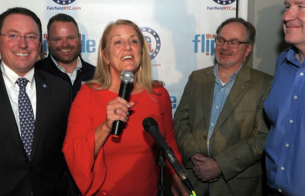 Brenda Kupchick speaks to supporters at her victory party at Flipside Burgers, in Fairfield, Conn. Nov. 5, 2019. Kupchick defeated incumbent Mike Tetreau for the First Selectman’s seat in Tuesday’s election.