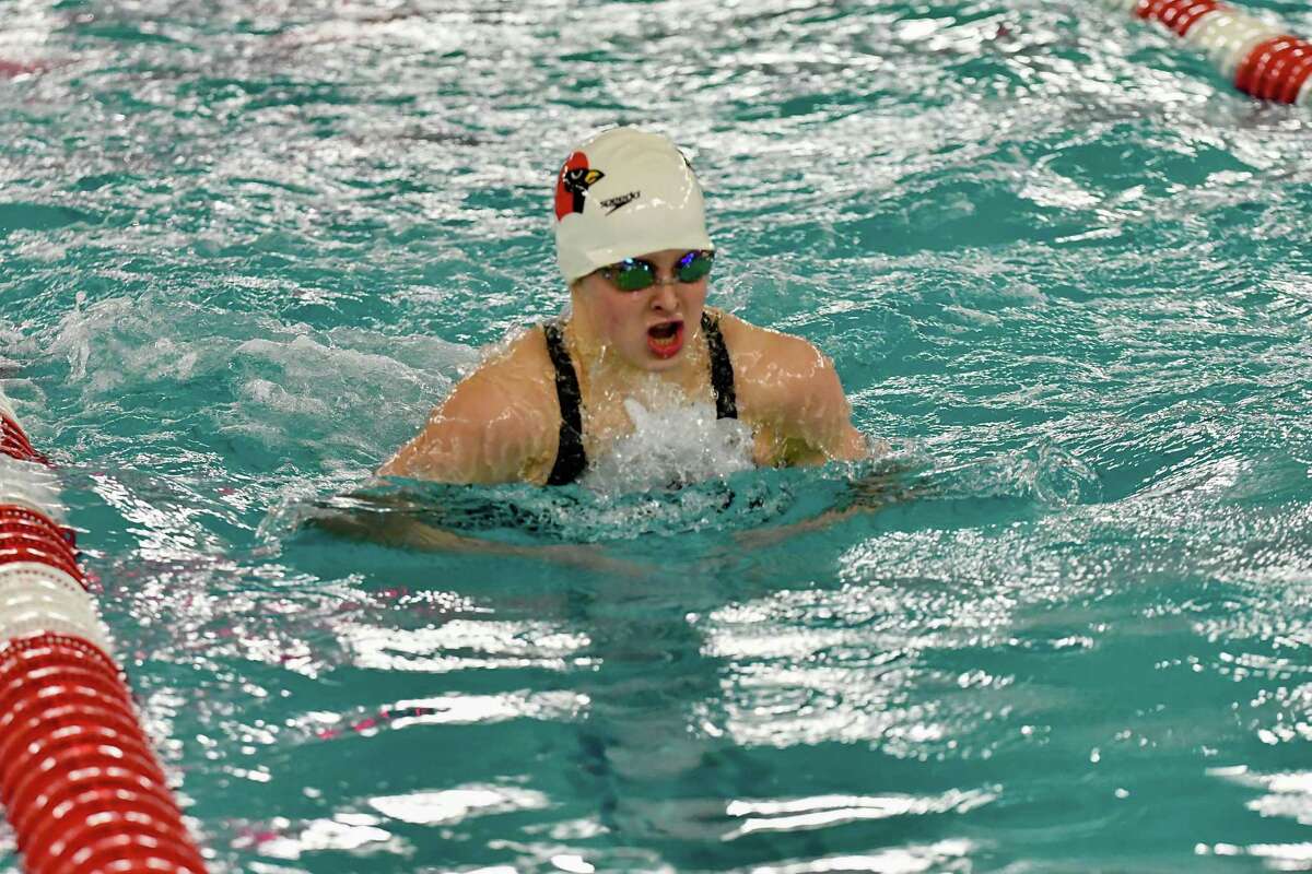 Greenwich’s Meghan Lynch swims the breaststroke leg of the 200-yard medley relay during the FCIAC Girls Swimming Championships on Tuesday at Greenwich High School. For more photos and story visit gametimect.com.