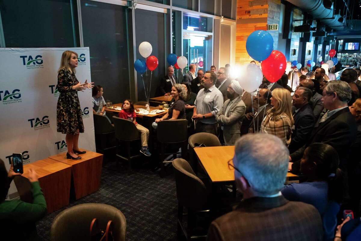 Carrin Patman, chairwoman of the Metropolitan Transit Authority board, addresses supporters of this election's Metro bond measure during a party at Biggio's in downtown Houston, Tuesday, Nov. 5, 2019. The Metro bond measure was showing a strong likelihood of passing after initial early voting results were released early Tuesday evening.