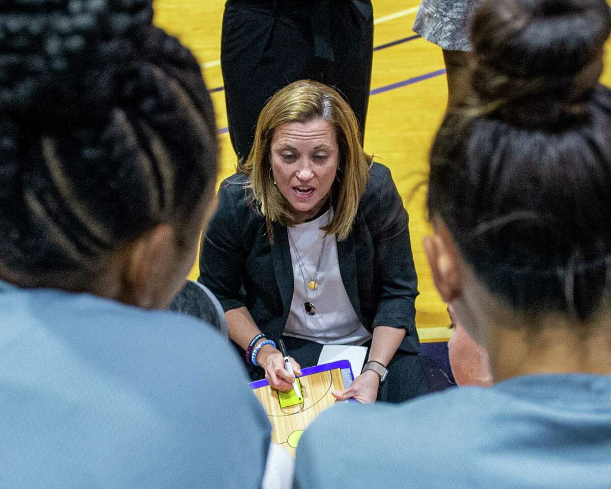 UAlbany women’s basketball head coach Colleen Mullen talks to her team during the season opener against Columbia at the SEFCU Arena on Tuesday, Nov. 5, 2019 (Jim Franco/Special to the Times Union.)