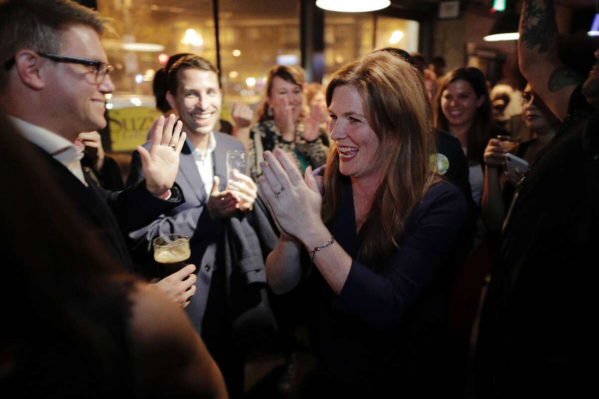 Suzy Loftus, candidate for San Francisco district attorney, meets with supporters at Churchill to await results on election night in San Francisco, Calif., on Tuesday, November 05, 2019.