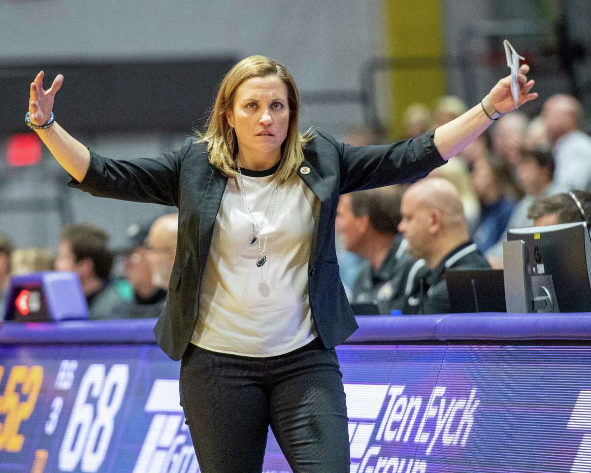 UAlbany womens basketball head coach Colleen Mullen thought there was an over the back foul against Columbia during the UAlbany season opener at the SEFCU Arena on Tuesday, Nov. 5, 2019 (Jim Franco/Special to the Times Union.)