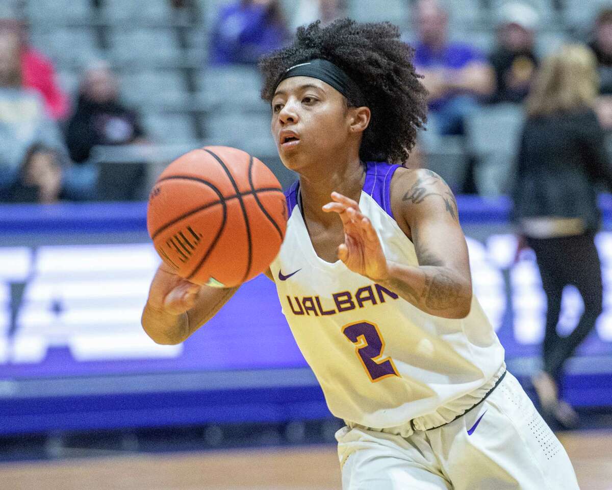 UAlbany guard Kyara Frames passes to a teammate during the season opener against Columbia at the SEFCU Arena on Tuesday, Nov. 5, 2019 (Jim Franco/Special to the Times Union.)
