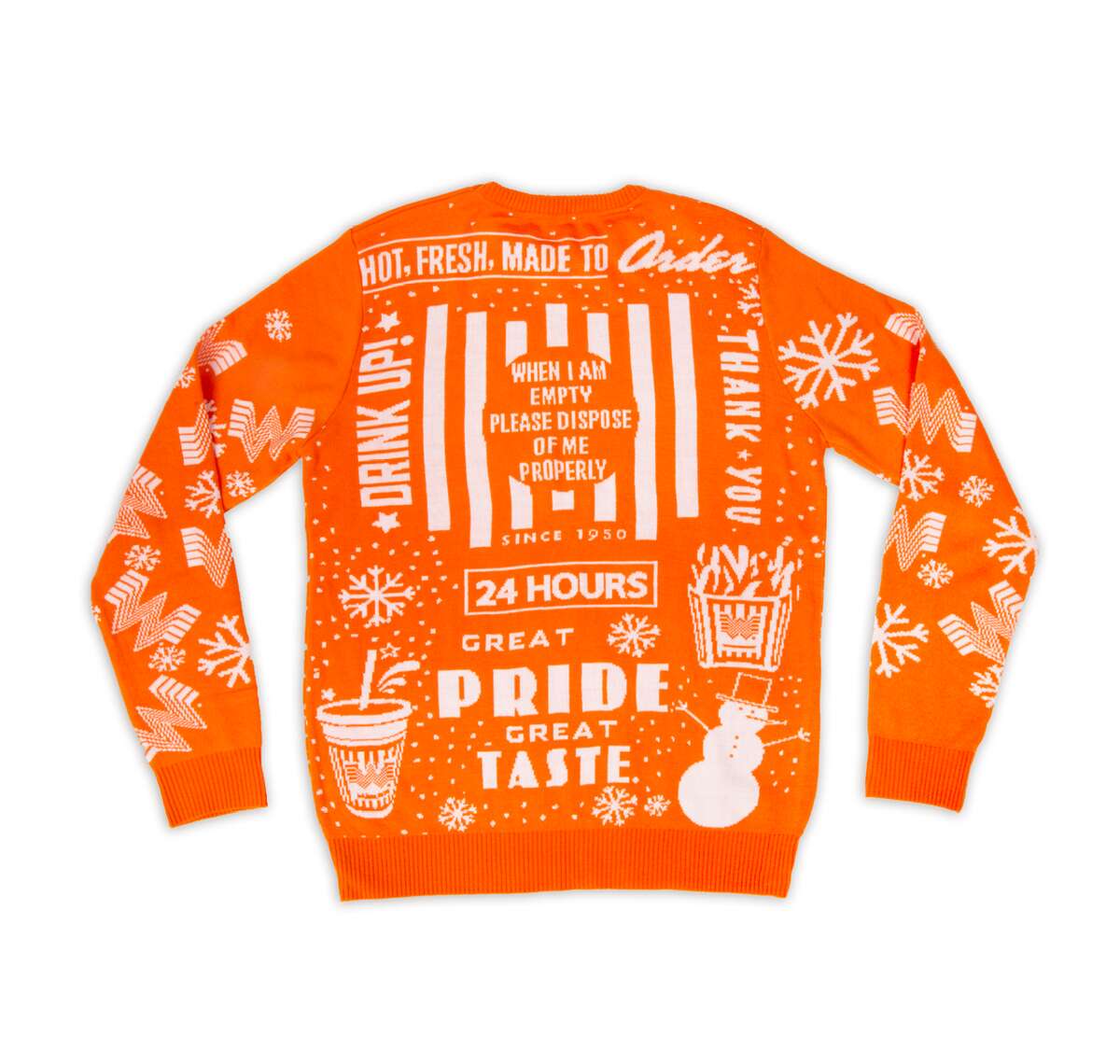 Whataburger  2019 Christmas sweater Available: While supplies last "Whether you’re spending the holidays curled up by the fire or rockin’ around the Christmas tree, our cozy and festive Christmas Sweater is guaranteed to be a staple in your winter wardrobe." (whataburger.com)