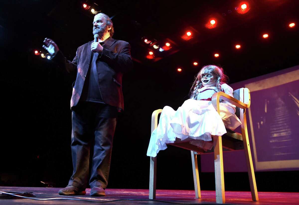 Tony Spera, son-in-law of Ed and Lorraine Warren, unveils the Annabelle doll used in The Conjuring and Annabelle movies during a presentation, The Warren Files, Night of the Haunted, at the John Lyman Center for the Performing Arts at Southern Connecticut State University in New Haven on November 1, 2019.