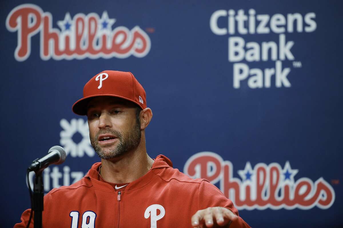 FILE - In this March 26, 2019, file photo, Philadelphia Phillies manager Gabe Kapler speaks during a news conference ahead of a baseball workout, in Philadelphia. The Phillies fired Kapler Thursday, Oct. 10, 2019. (AP Photo/Matt Rourke, File)