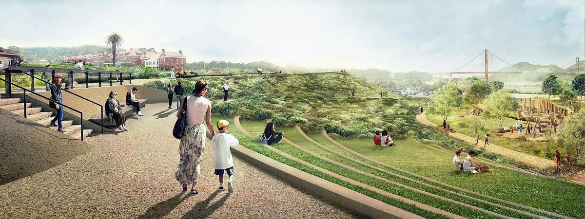 A rendering of the steps and walkway that will descend from the Main Post to Crissy Field in what is being called Tunnel Tops Park. The 14-acre park is being added to the Presidio, and is scheduled to open in the fall of 2021.