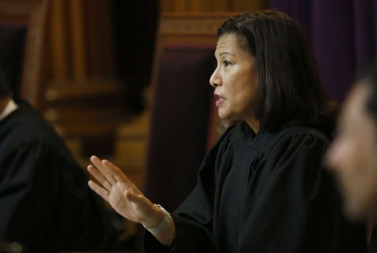 California Supreme Court Chief Justice Tani Cantil-Sakauye questions Attorney Thomas Hiltachk, representing the California Republican Party, about the GOP's opposition to a recently approved state law requiring presidential candidates to disclose their tax returns in order to be of the state's primary ballot, in Sacramento, Calif., Wednesday, Nov. 6, 2019. The law, if upheld, is intended to force President Donald Trump to release his tax returns before California's primary election that will be held in March 2020. (AP Photo/Rich Pedroncelli, Pool)