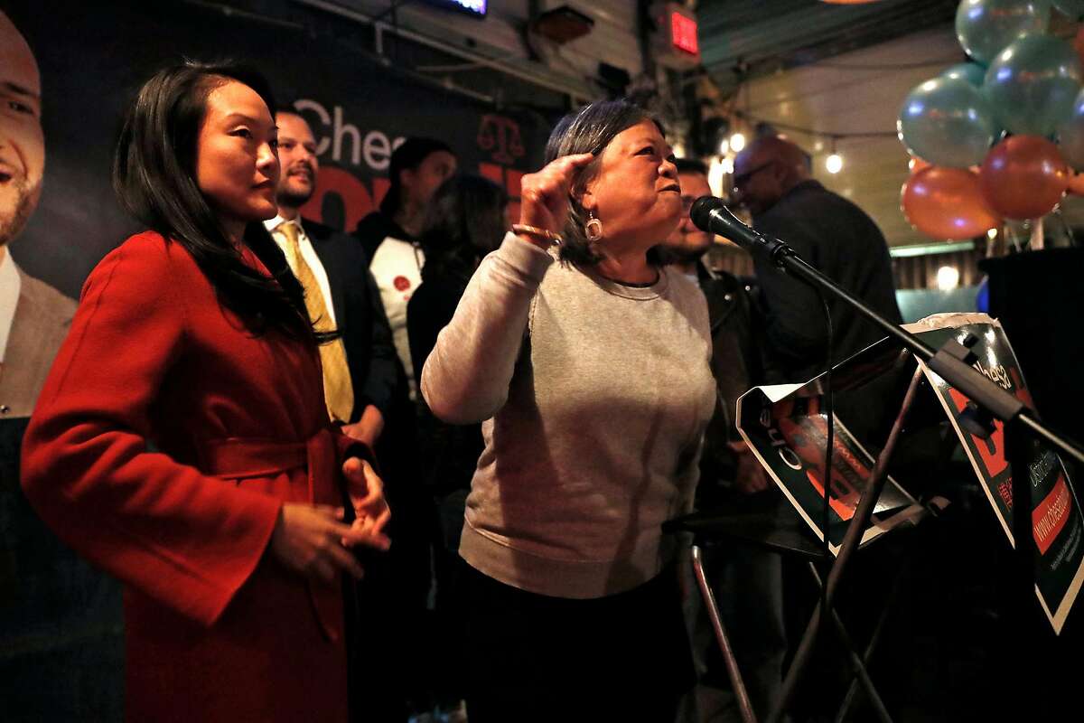 SF Supervisor Sandra Lee Fewer speaks during SF District Attorney candidate Chesa Boudin's election night party at SOMA StrEat Food Park in San Francisco, Calif., on Tuesday, November 5, 2019.
