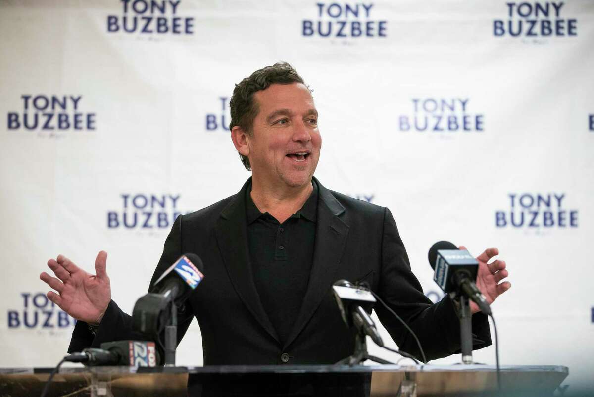 Houston mayoral candidate Tony Buzbee holds a press conference to talk about the results of Tuesday's election at his campaign headquarters in Houston, Wednesday, Nov. 6, 2019.